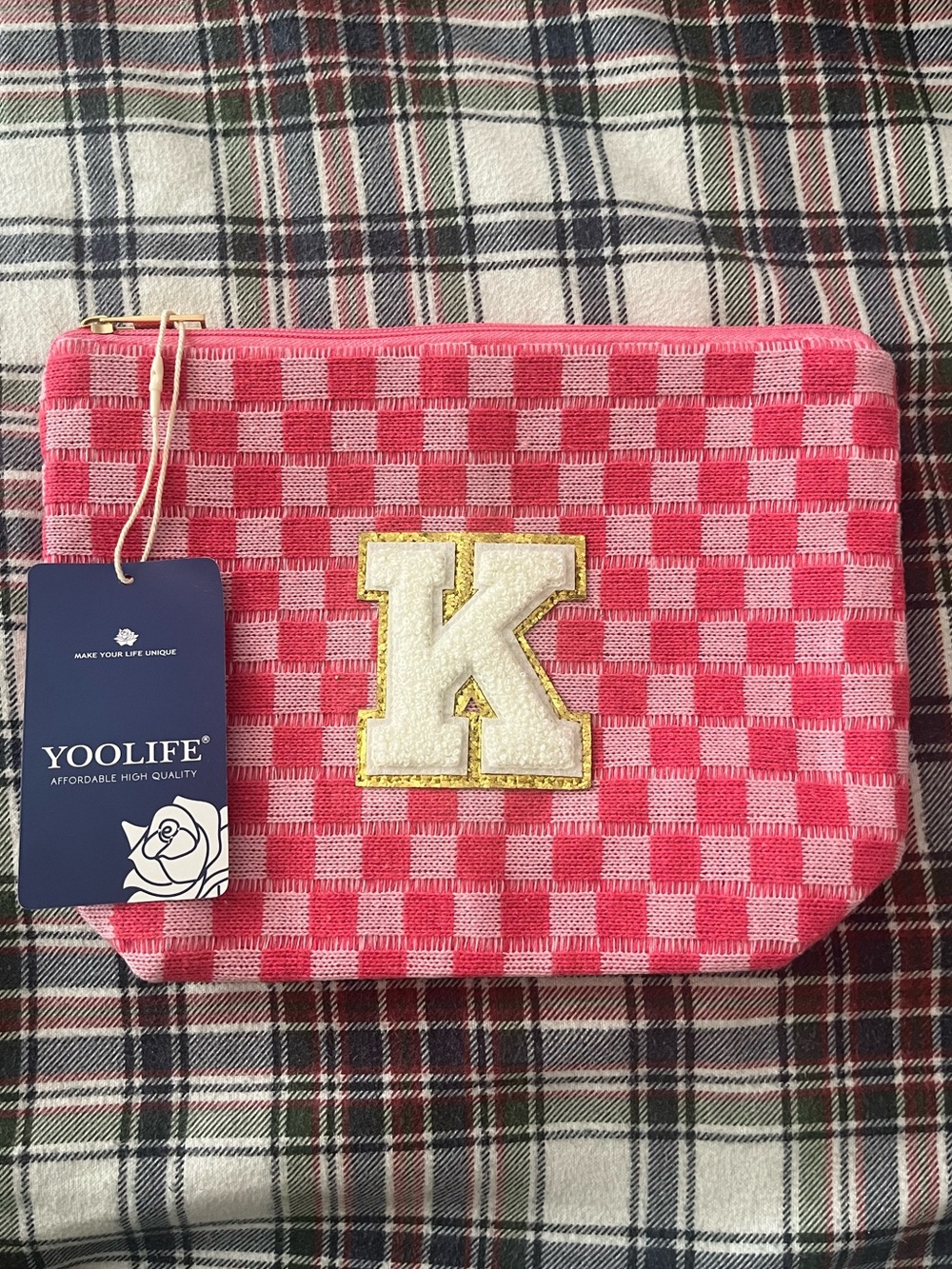 yoolife preppy pouch letter k checkered print with sparkles